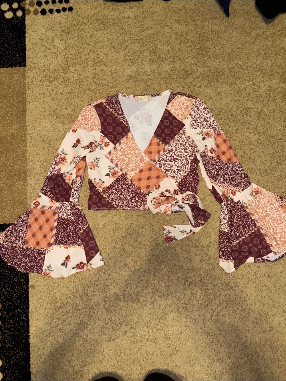 Altar'd State Patchwork Wrap Top in Burgundy and Peach